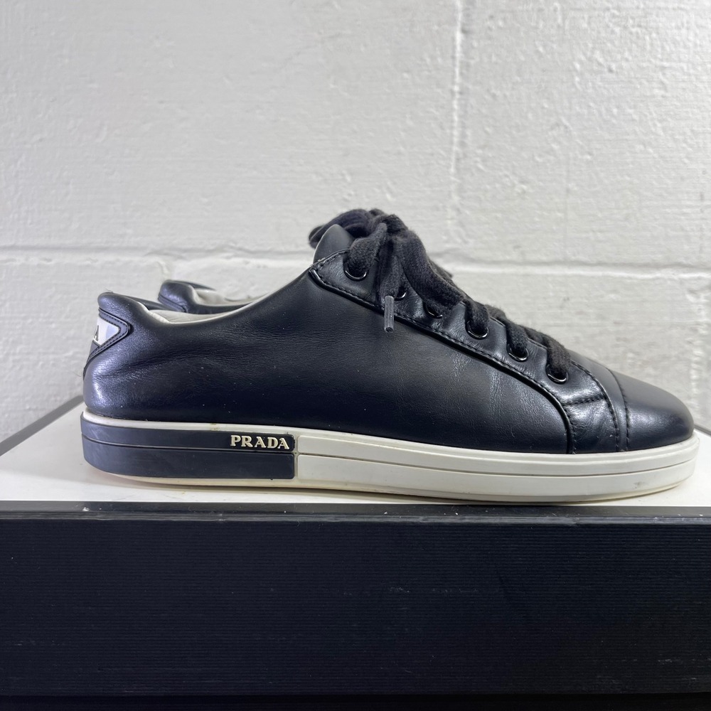Prada Macro Black Leather Casual Sneaker Lace up Women's Size 36.5‎ EU/6.5 US